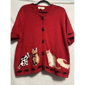 Vintage TALLY HO Cardigan Cats Lovers V-neck Short Sleeve Knit Sweater Size M